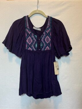 NWT Zara TRF Purple Babydoll Tunic Blouse Flutter Sleeve Boho Embroidery Medium